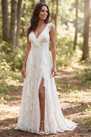 Load image into Gallery viewer, A-Line Ivory Lace Ruffled Sweep Train Boho Wedding Dress with Slit