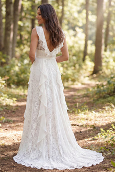 A-Line Ivory Lace Ruffled Sweep Train Boho Wedding Dress with Slit