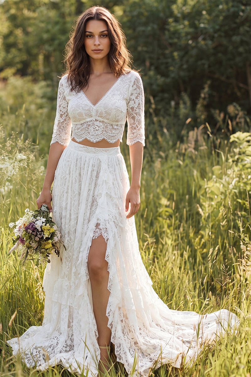 Load image into Gallery viewer, Ivory Two Piece Ruffled Lace Sweep Train Boho Wedding Dress with Slit