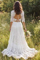 Load image into Gallery viewer, Ivory Two Piece Ruffled Lace Sweep Train Boho Wedding Dress with Slit