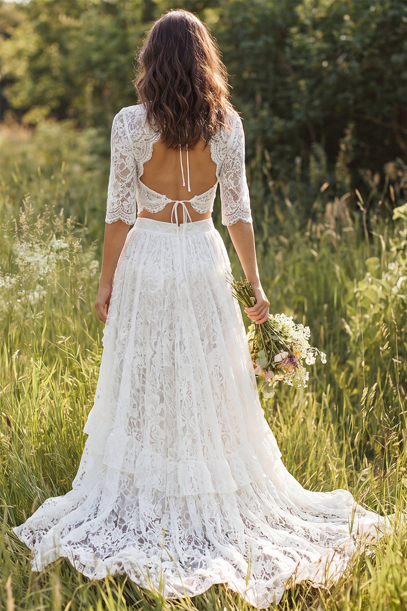 Load image into Gallery viewer, Ivory Two Piece Ruffled Lace Sweep Train Boho Wedding Dress with Slit