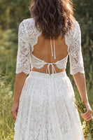 Load image into Gallery viewer, Ivory Two Piece Ruffled Lace Sweep Train Boho Wedding Dress with Slit