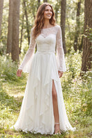 Load image into Gallery viewer, Ivory A-Line Long Sleeves Illusion Neck Sweep Train Wedding Dress with Slit