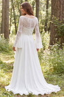 Load image into Gallery viewer, Ivory A-Line Long Sleeves Illusion Neck Sweep Train Wedding Dress with Slit