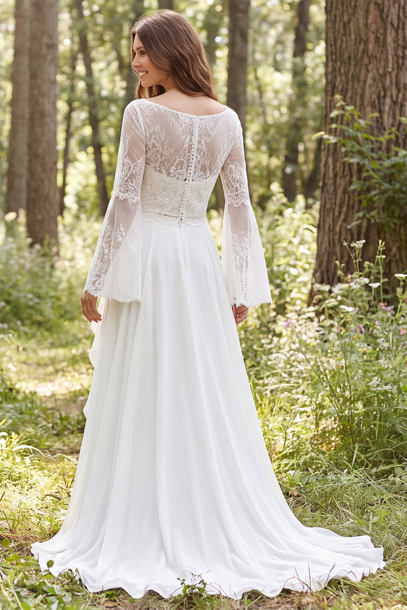 Load image into Gallery viewer, Ivory A-Line Long Sleeves Illusion Neck Sweep Train Wedding Dress with Slit
