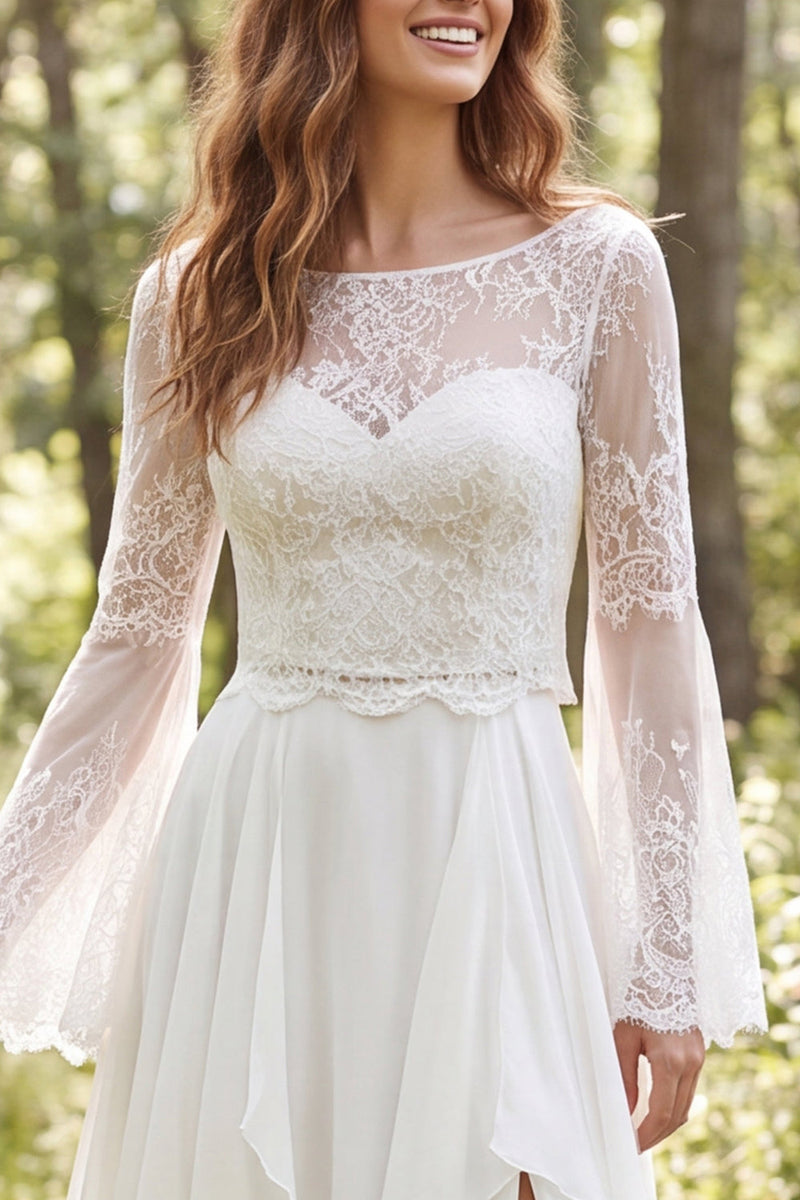 Load image into Gallery viewer, Ivory A-Line Long Sleeves Illusion Neck Sweep Train Wedding Dress with Slit