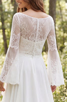 Load image into Gallery viewer, Ivory A-Line Long Sleeves Illusion Neck Sweep Train Wedding Dress with Slit