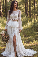 Load image into Gallery viewer, 2-Piece Ivory Boat Neck Lace Ruffled Sweep Train Boho Wedding Dress with Slit