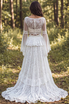 2-Piece Ivory Boat Neck Lace Ruffled Sweep Train Boho Wedding Dress with Slit