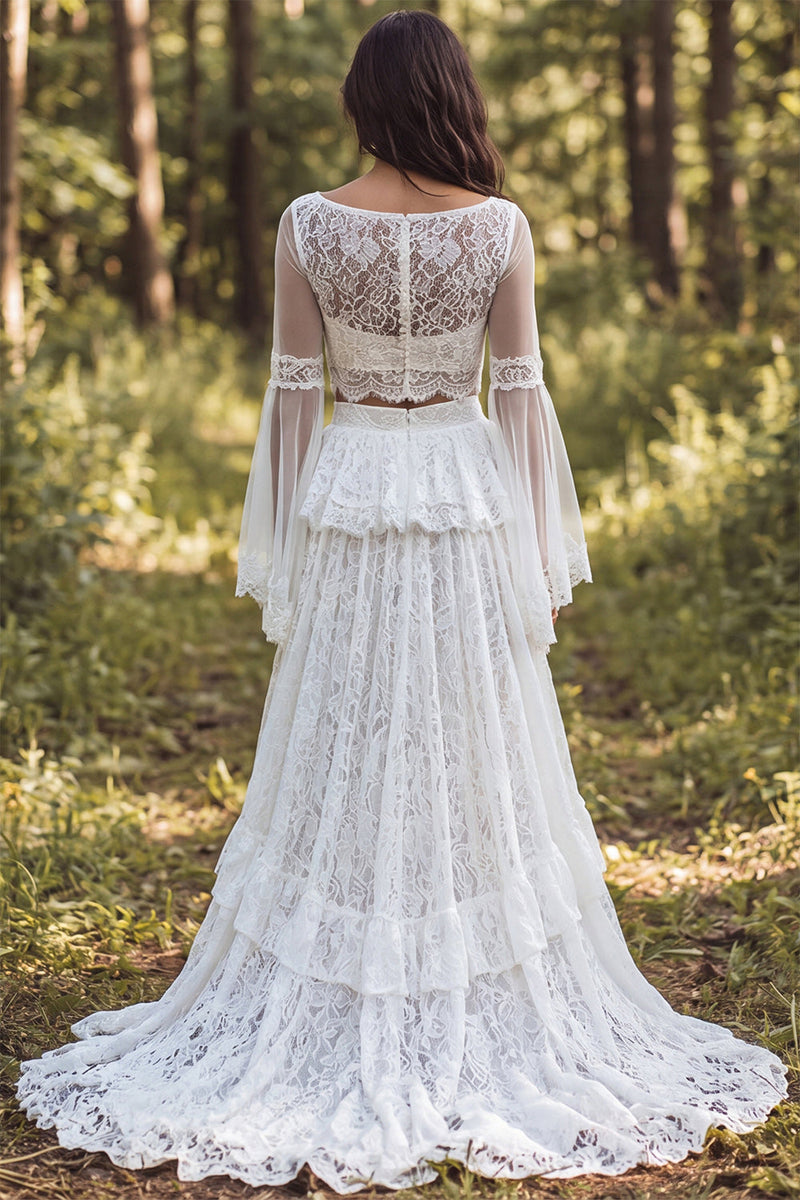 Load image into Gallery viewer, 2-Piece Ivory Boat Neck Lace Ruffled Sweep Train Boho Wedding Dress with Slit