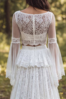 Load image into Gallery viewer, 2-Piece Ivory Boat Neck Lace Ruffled Sweep Train Boho Wedding Dress with Slit