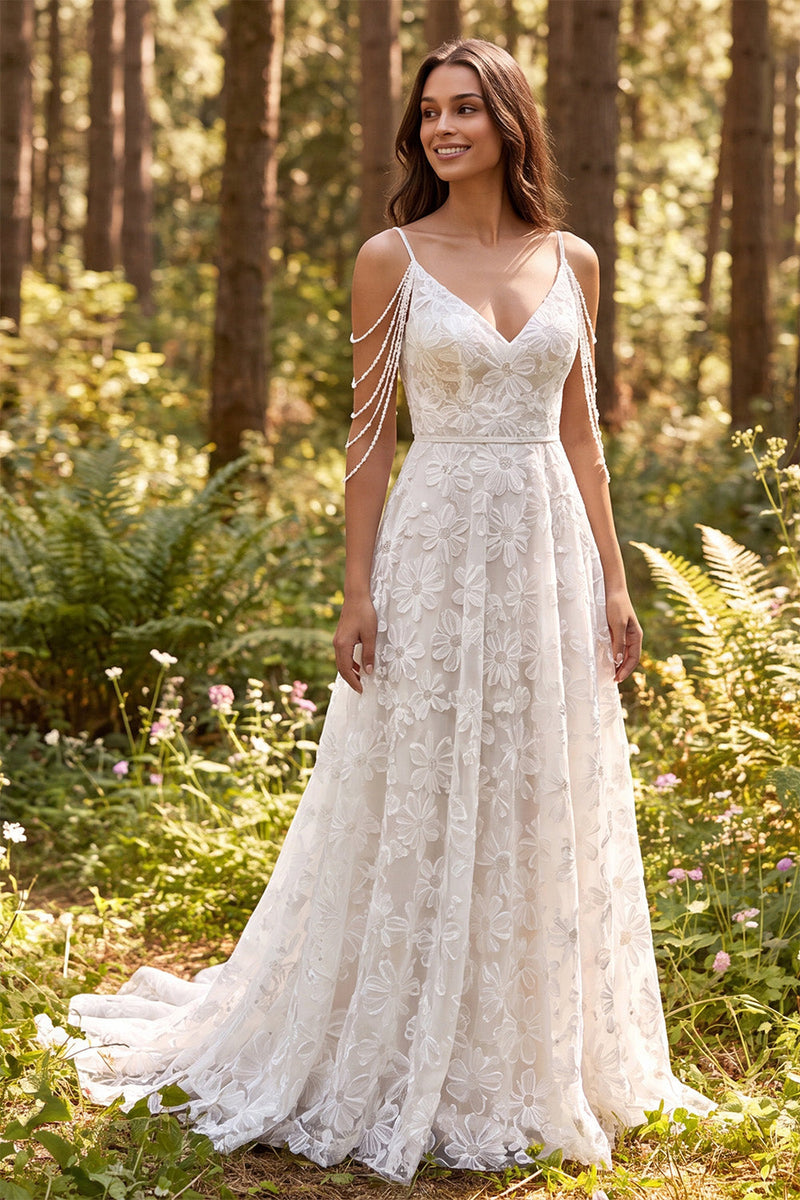 Load image into Gallery viewer, Ivory A-Line Floral Cold Shoulder Sweep Train Boho Wedding Dress