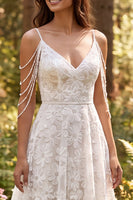 Load image into Gallery viewer, Ivory A-Line Floral Cold Shoulder Sweep Train Boho Wedding Dress