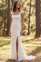 Load image into Gallery viewer, Floral Ivory Square Neck Sweep Train Boho Wedding Dress with Slit