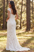 Load image into Gallery viewer, Floral Ivory Square Neck Sweep Train Boho Wedding Dress with Slit