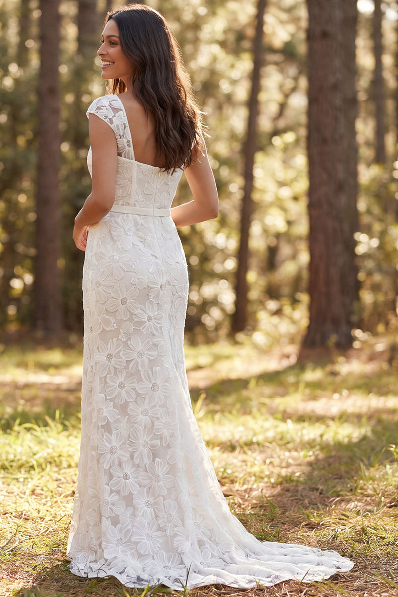 Load image into Gallery viewer, Floral Ivory Square Neck Sweep Train Boho Wedding Dress with Slit