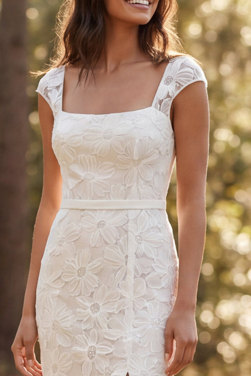 Load image into Gallery viewer, Floral Ivory Square Neck Sweep Train Boho Wedding Dress with Slit