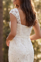 Load image into Gallery viewer, Floral Ivory Square Neck Sweep Train Boho Wedding Dress with Slit