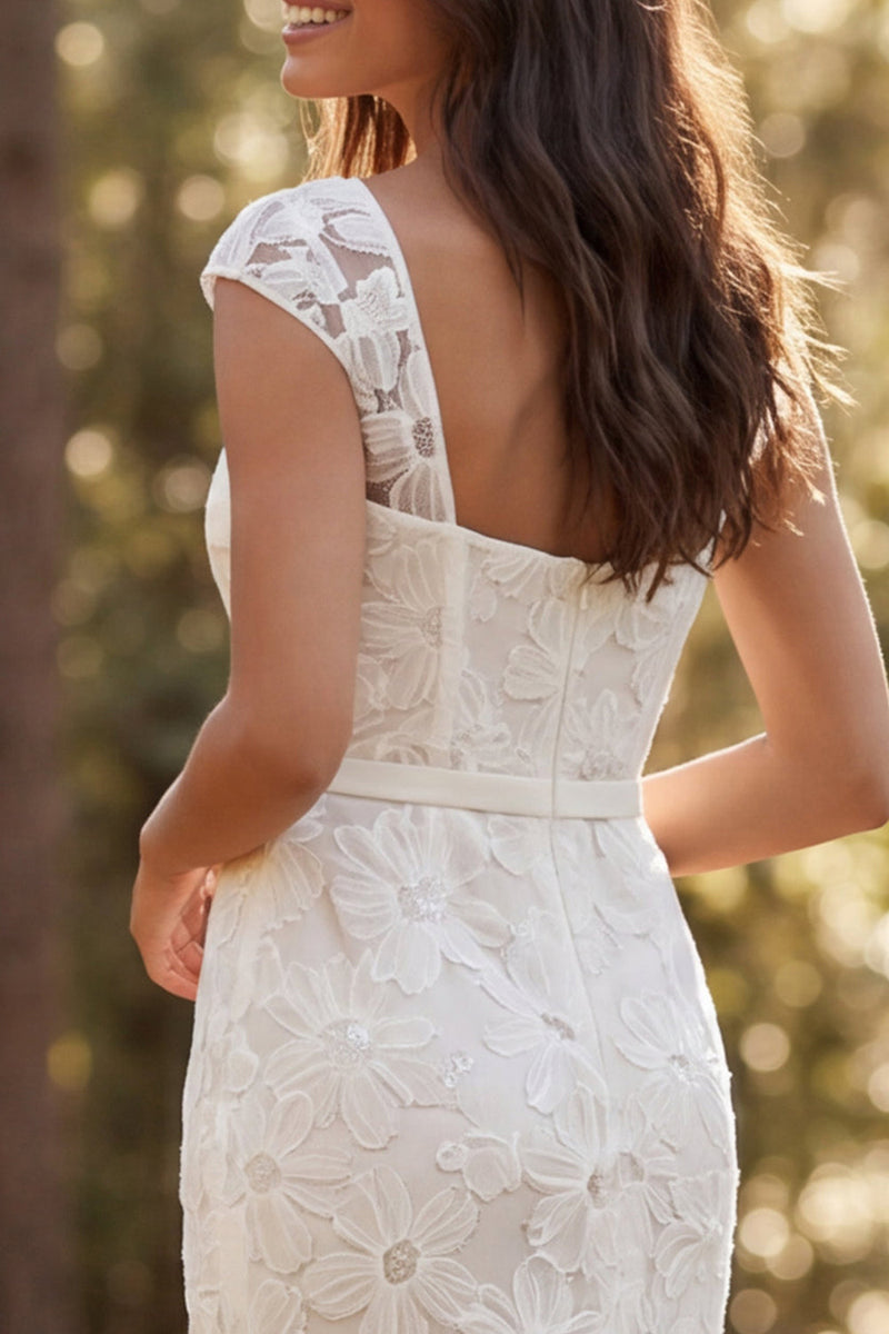 Load image into Gallery viewer, Floral Ivory Square Neck Sweep Train Boho Wedding Dress with Slit