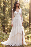 Load image into Gallery viewer, Ivory A-Line Ruffled Long Sleeves Sweep Train Boho Wedding Dress with Slit