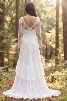 Load image into Gallery viewer, Ivory A-Line Ruffled Long Sleeves Sweep Train Boho Wedding Dress with Slit