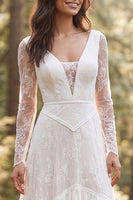 Load image into Gallery viewer, Ivory A-Line Ruffled Long Sleeves Sweep Train Boho Wedding Dress with Slit