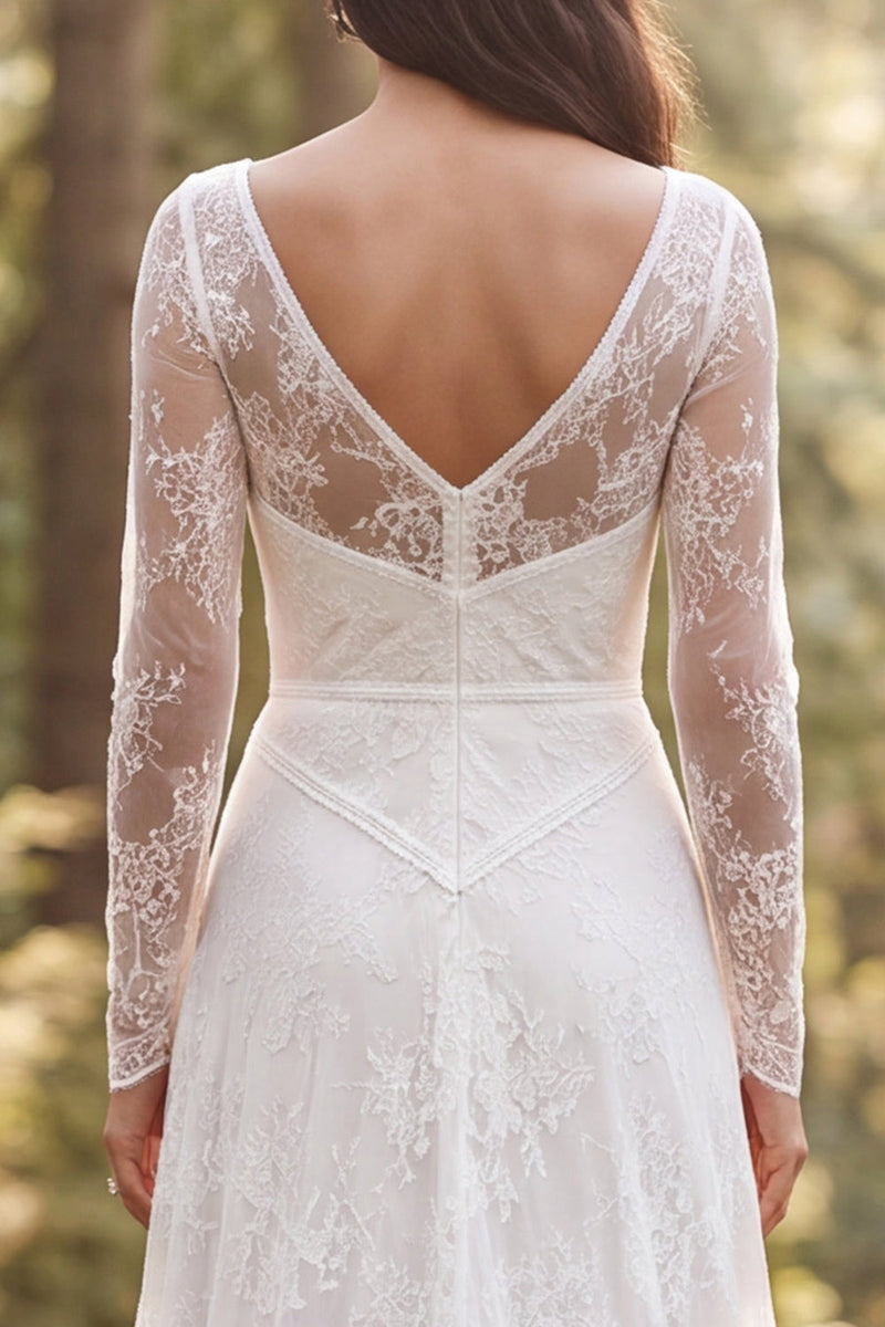 Load image into Gallery viewer, Ivory A-Line Ruffled Long Sleeves Sweep Train Boho Wedding Dress with Slit