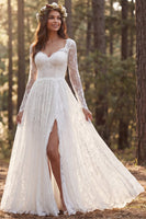 Load image into Gallery viewer, Ivory Long Sleeves A-Line Sweep Train Boho Wedding Dress with Slit