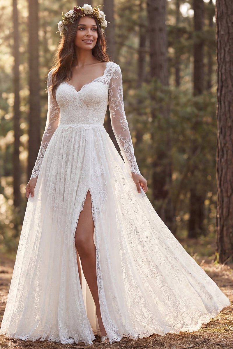 Load image into Gallery viewer, Ivory Long Sleeves A-Line Sweep Train Boho Wedding Dress with Slit