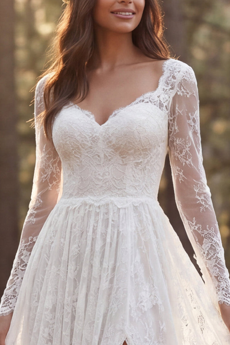 Load image into Gallery viewer, Ivory Long Sleeves A-Line Sweep Train Boho Wedding Dress with Slit