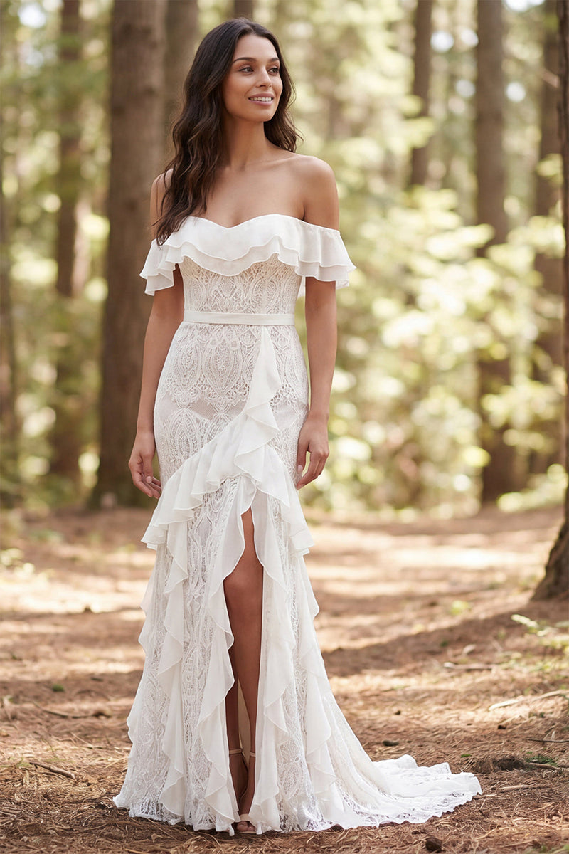 Load image into Gallery viewer, Ivory Ruffled Mermaid Off the Shoulder Sweep Train Boho Wedding Dress