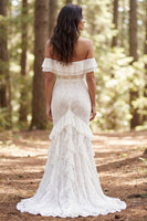Load image into Gallery viewer, Ivory Ruffled Mermaid Off the Shoulder Sweep Train Boho Wedding Dress