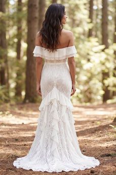 Ivory Ruffled Mermaid Off the Shoulder Sweep Train Boho Wedding Dress