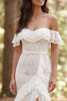 Load image into Gallery viewer, Ivory Ruffled Mermaid Off the Shoulder Sweep Train Boho Wedding Dress