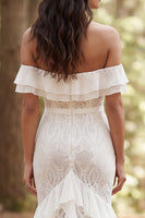 Load image into Gallery viewer, Ivory Ruffled Mermaid Off the Shoulder Sweep Train Boho Wedding Dress