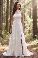 Load image into Gallery viewer, Ivory A-Line Lace High Neck Sweep Train Boho Wedding Dress with Slit