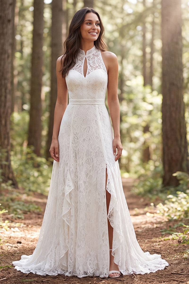 Load image into Gallery viewer, Ivory A-Line Lace High Neck Sweep Train Boho Wedding Dress with Slit