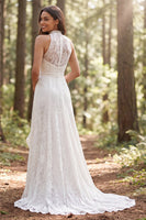 Load image into Gallery viewer, Ivory A-Line Lace High Neck Sweep Train Boho Wedding Dress with Slit