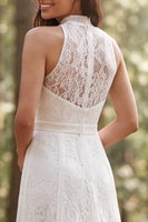 Load image into Gallery viewer, Ivory A-Line Lace High Neck Sweep Train Boho Wedding Dress with Slit