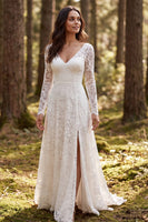 Load image into Gallery viewer, Lace Ivory A-Line V-Neck Sweep Train Boho Wedding Dress with Sleeves