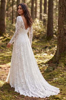 Lace Ivory A-Line V-Neck Sweep Train Boho Wedding Dress with Sleeves