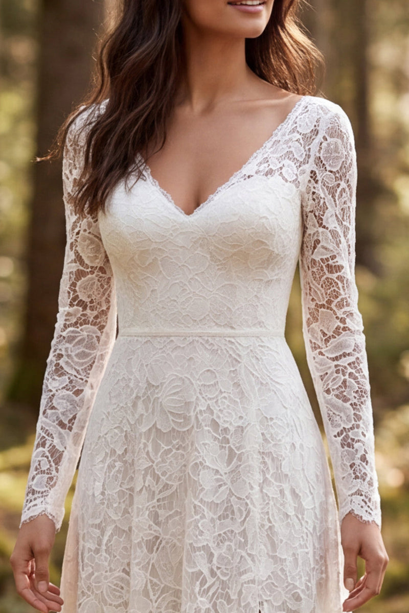 Load image into Gallery viewer, Lace Ivory A-Line V-Neck Sweep Train Boho Wedding Dress with Sleeves