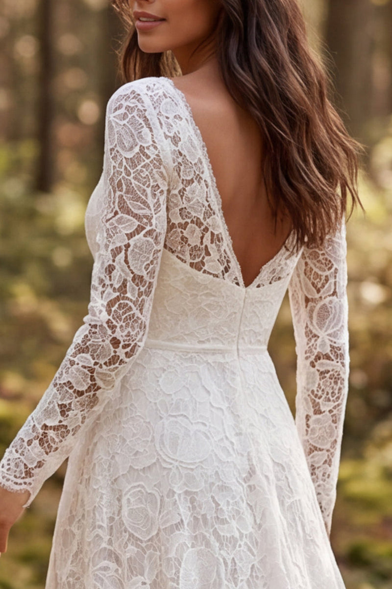 Load image into Gallery viewer, Lace Ivory A-Line V-Neck Sweep Train Boho Wedding Dress with Sleeves