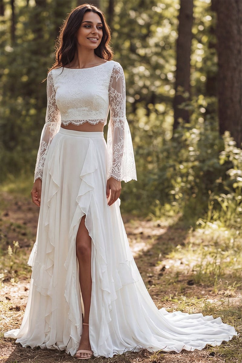 Load image into Gallery viewer, Ivory Chiffon Ruffled Two Piece Boat Neck Sweep Train Beach Wedding Dress
