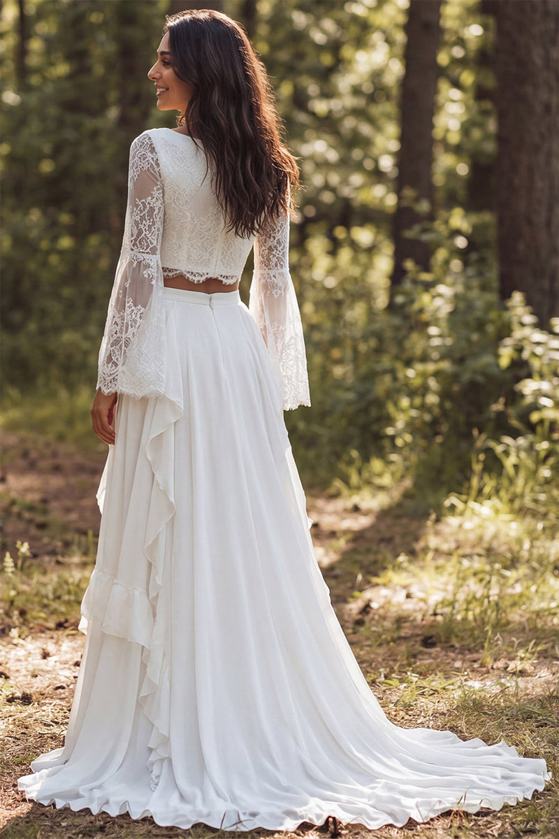 Load image into Gallery viewer, Ivory Chiffon Ruffled Two Piece Boat Neck Sweep Train Beach Wedding Dress
