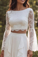 Load image into Gallery viewer, Ivory Chiffon Ruffled Two Piece Boat Neck Sweep Train Beach Wedding Dress