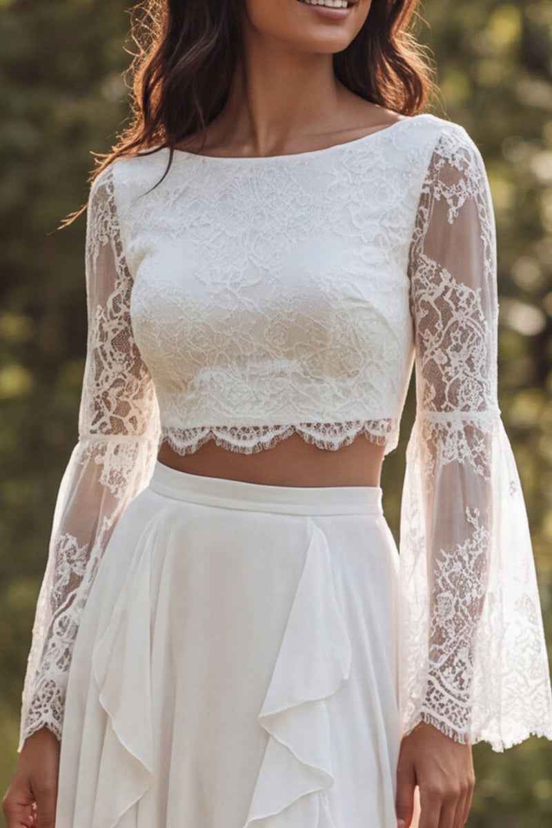 Load image into Gallery viewer, Ivory Chiffon Ruffled Two Piece Boat Neck Sweep Train Beach Wedding Dress