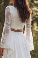 Load image into Gallery viewer, Ivory Chiffon Ruffled Two Piece Boat Neck Sweep Train Beach Wedding Dress