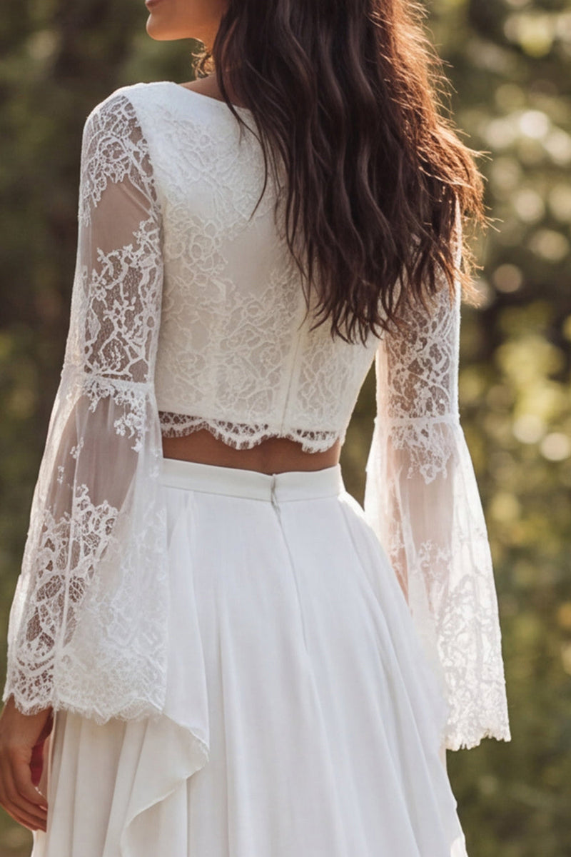 Load image into Gallery viewer, Ivory Chiffon Ruffled Two Piece Boat Neck Sweep Train Beach Wedding Dress