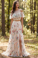Load image into Gallery viewer, Ivory Floral A Line Two Piece Sweep Train Boho Wedding Dress with Slit